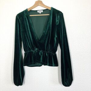 About Us Velvet Blouse Womens XS Emerald Green Wrap V-Neck Peplum Long Sleeve
